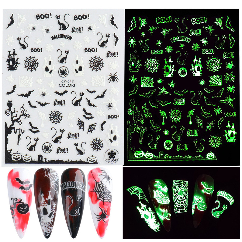 2023 Halloween Nail Stickers Funny Skulls Ghost Little Monster 3D Luminous Halloween Nail Art Sticker Decals