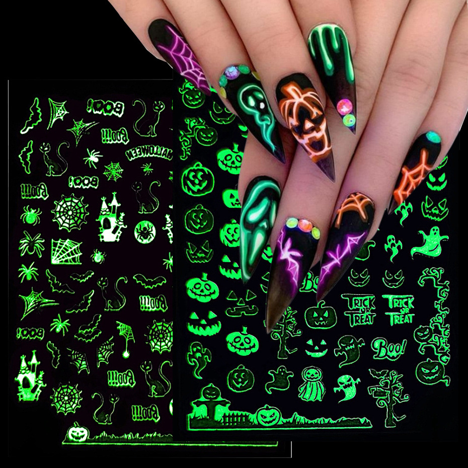 2023 Halloween Nail Stickers Funny Skulls Ghost Little Monster 3D Luminous Halloween Nail Art Sticker Decals