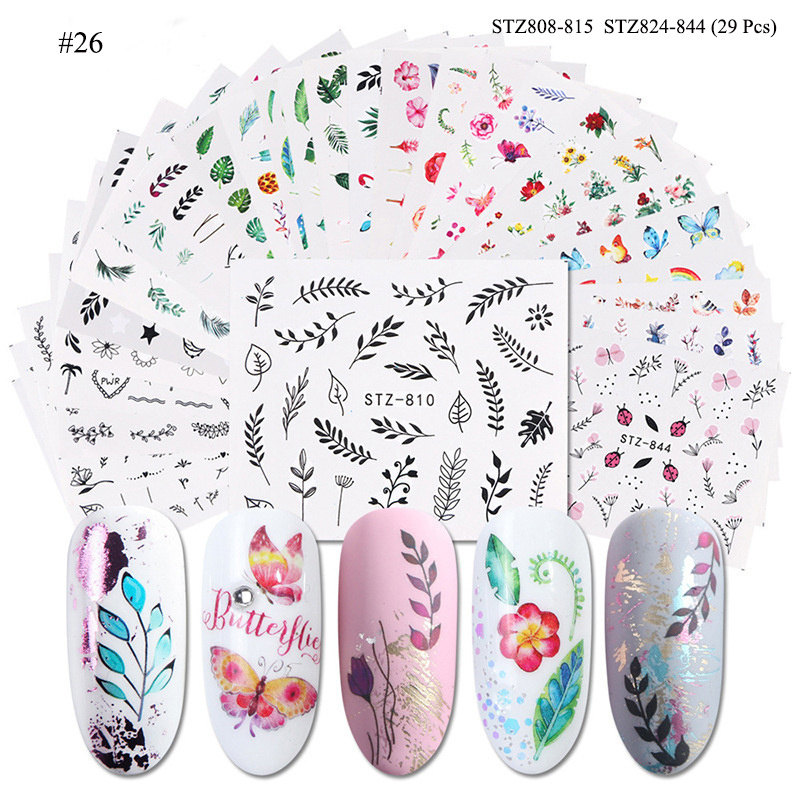 2022 New Nail Stickers Kits Birds Spring Flower Butterfly Black Line Designs DIY Water Tattoo Wraps Nail Stickers Decal