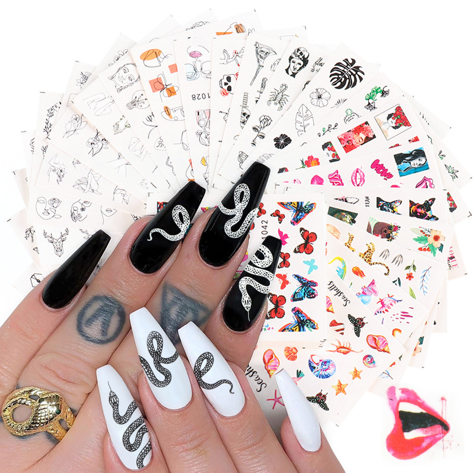 2022 New Nail Stickers Kits Birds Spring Flower Butterfly Black Line Designs DIY Water Tattoo Wraps Nail Stickers Decal