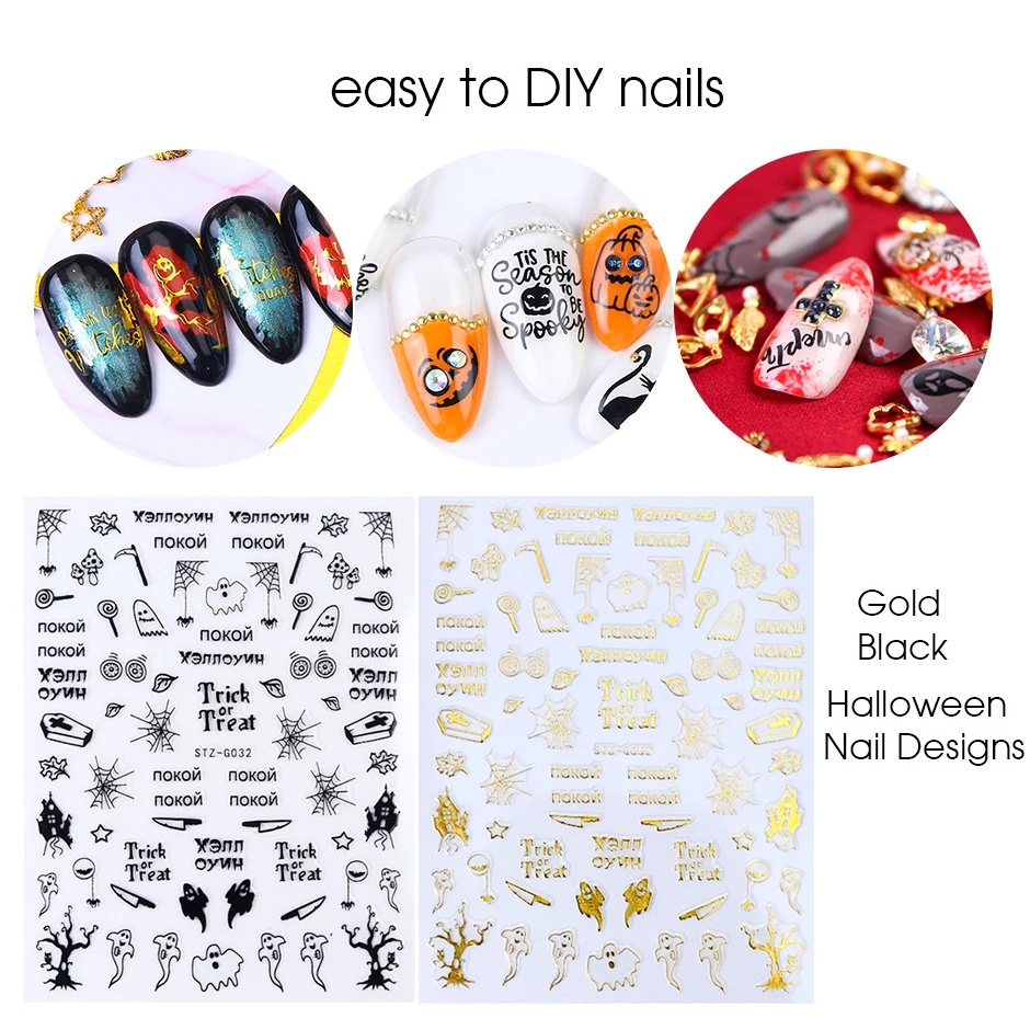 1pc Gold Black  Self-Adhesive Halloween Nail Stickers Bat Spider Pumpkin Cartoon Designs 3D Nail Stickers Decals Nails Manicure