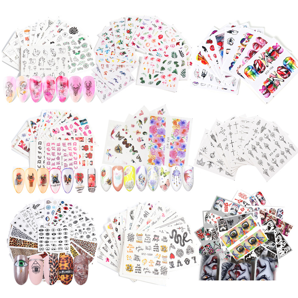 2022 New Nail Stickers Kits Birds Spring Flower Butterfly Black Line Designs DIY Water Tattoo Wraps Nail Stickers Decal