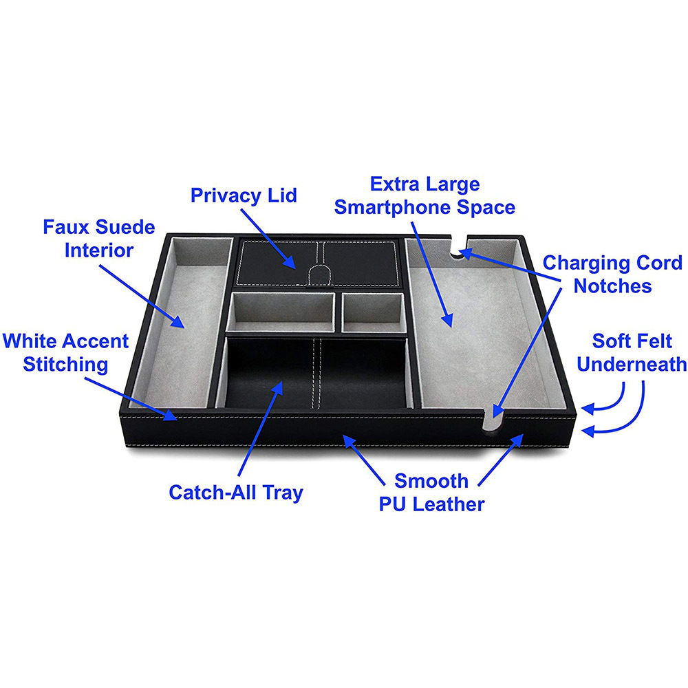 PU leather desk office organizer Valet Tray with Large Smartphone Charging Station