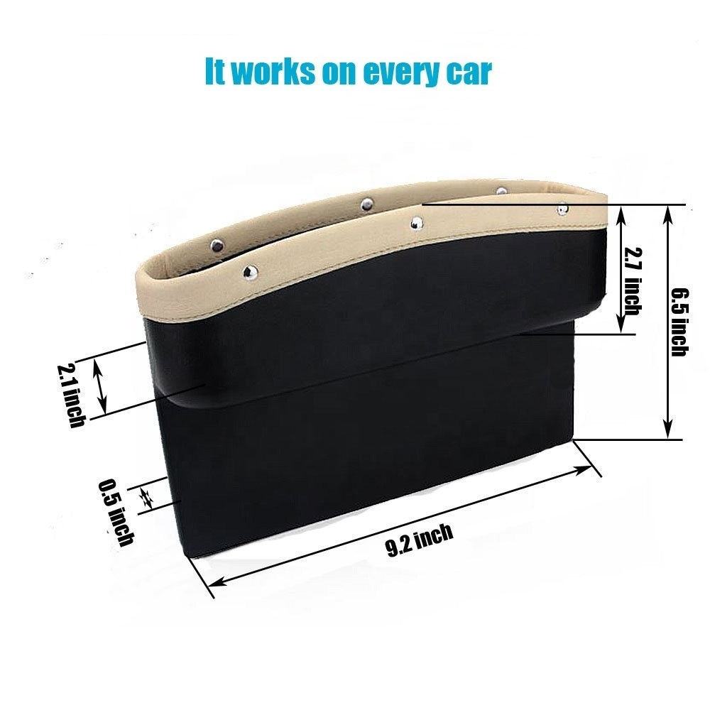 Car Seat Pockets PU Leather Car Side Seat Organizer Seat Gap Filler with Non-Slip Mat 9.2x6.5x2.1 inch Beige Black( 2 Pack)