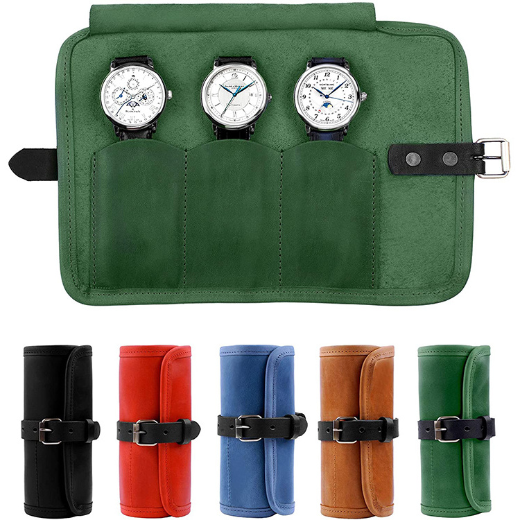 customized logo handmade fashion travel portable leather watch roll pouch bag