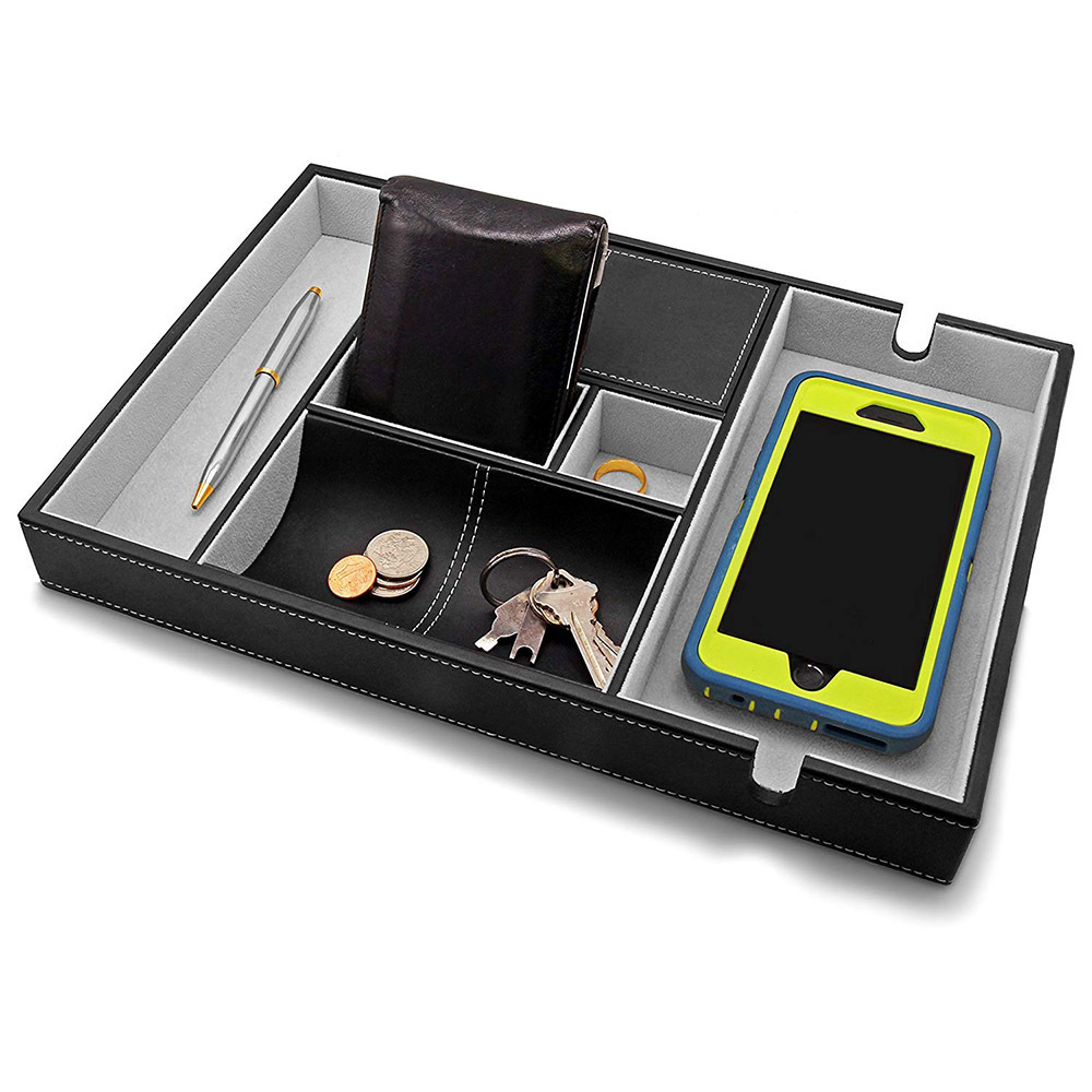 PU leather desk office organizer Valet Tray with Large Smartphone Charging Station