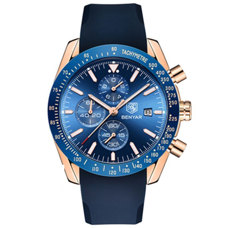 Luxury Men Sports Watches Silicone Strap Calendar Clock Quartz Chronograph Benyar Brand 5140 Men Wrist Watches montre homme