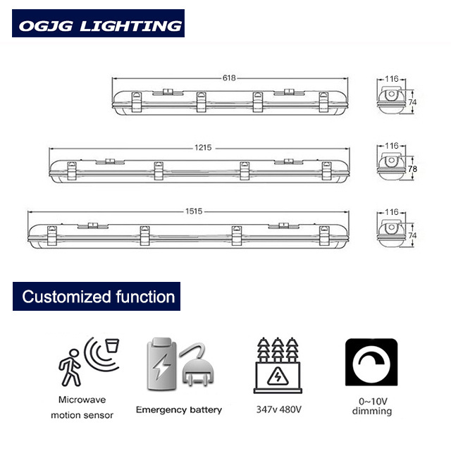 OGJG IP65 4FT 1200MM Vapor Tight Lighting Fixture Tri-poof Led Lights for Garage Shop Basement Workshop