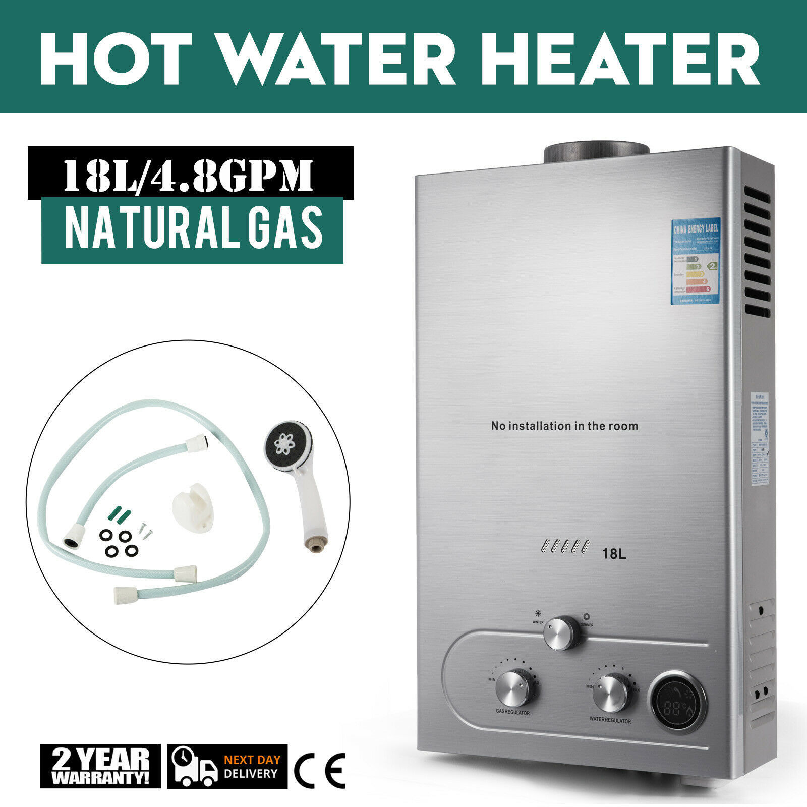 OGMIE Heater Gas Water Boiler LPG/Nature Gas Gas Propane 18L Hot Water Heater Camping Water Heater Kit With Shower Head