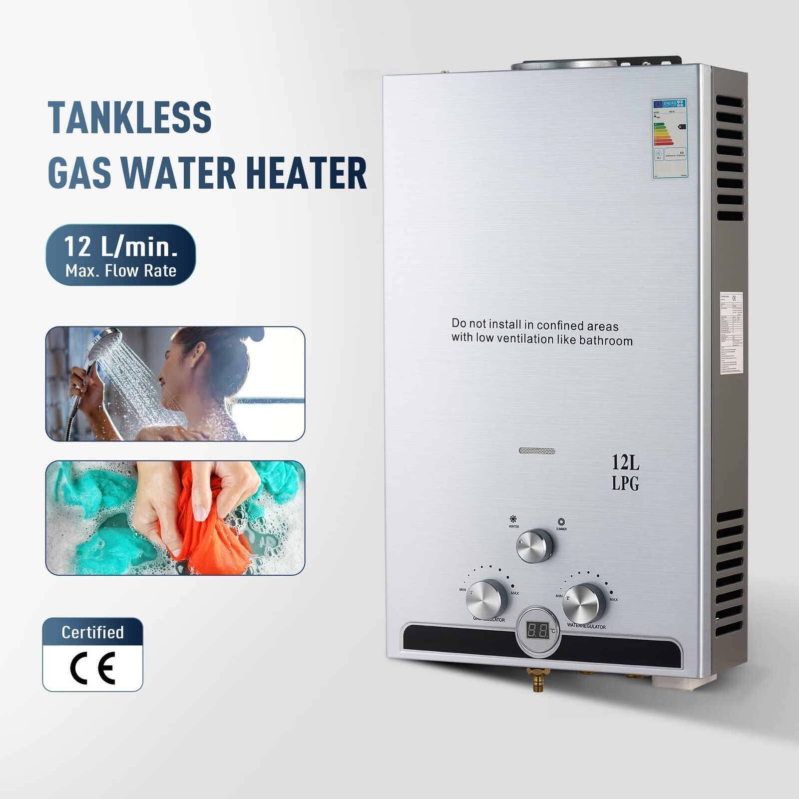 Propane 12L Gas Boiler  Gas LPG Tankless Instant Hot Water Heater Boiler 24KW 4.8GPM Liquefied Gas Gyser