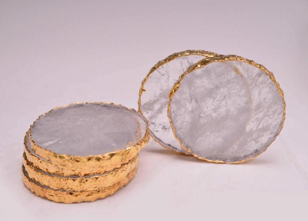 Beautiful Elegant Round Gold Edge plate White quartz Crystal coasters