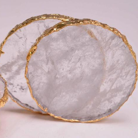 Beautiful Elegant Round Gold Edge plate White quartz Crystal coasters