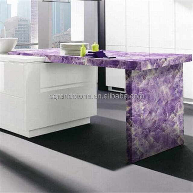 Cheap kitchen translucent amethyst countertop, semi precious stone precut purple countertop