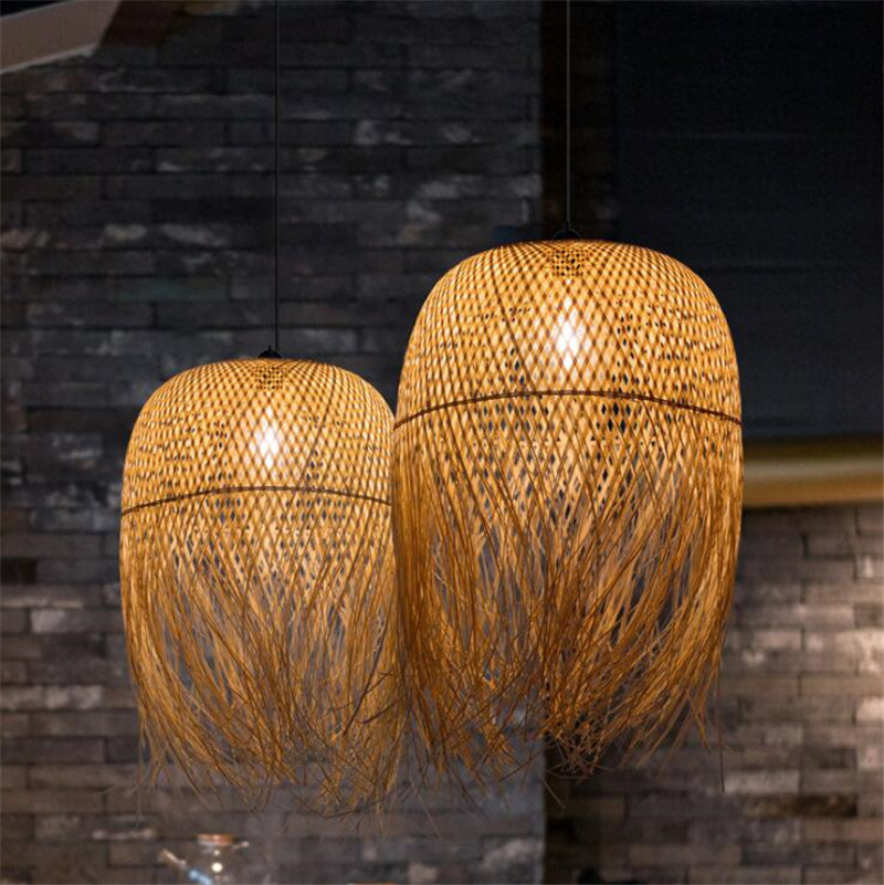 European American Indoor Pendant Lamp Rattan Lights Wood Hanging Lighting for Dining Room Living Room