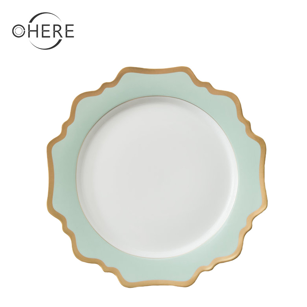 Mint green gold edge white flatware dinner wedding catering plates tableware ceramics porcelain fine bone crockery rental