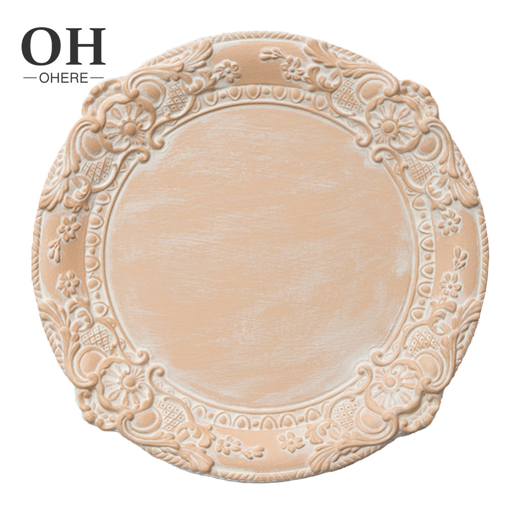 Antique style Wooden relief charger plates hand-carve pattern dinner set for wedding banquet  party