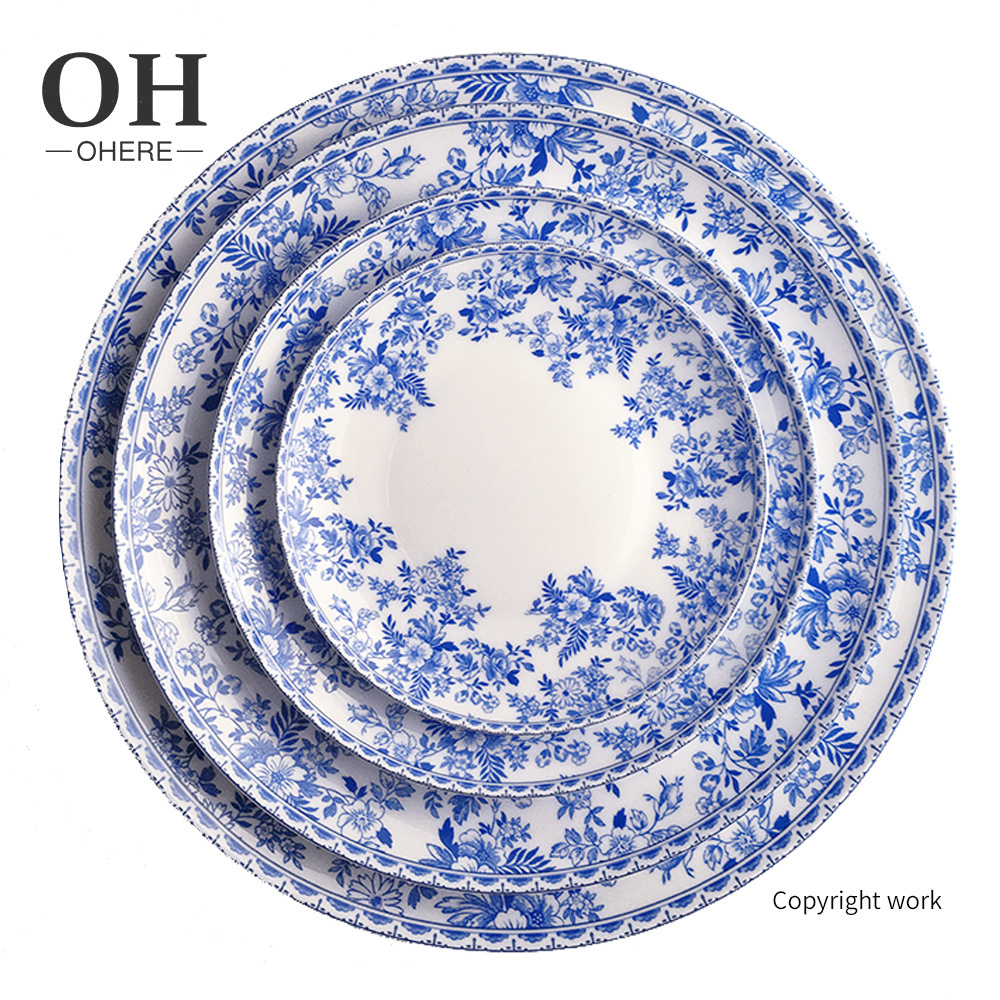 Ohere Country Style vintage floral bone china dinner sets elegant blue flower ceramic charger plates for wedding decoration