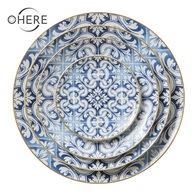 Ohere porcelain dinnerware set bulk porcelain  tableware restaurant  blue moroccan ceramic dinner plates for wedding party