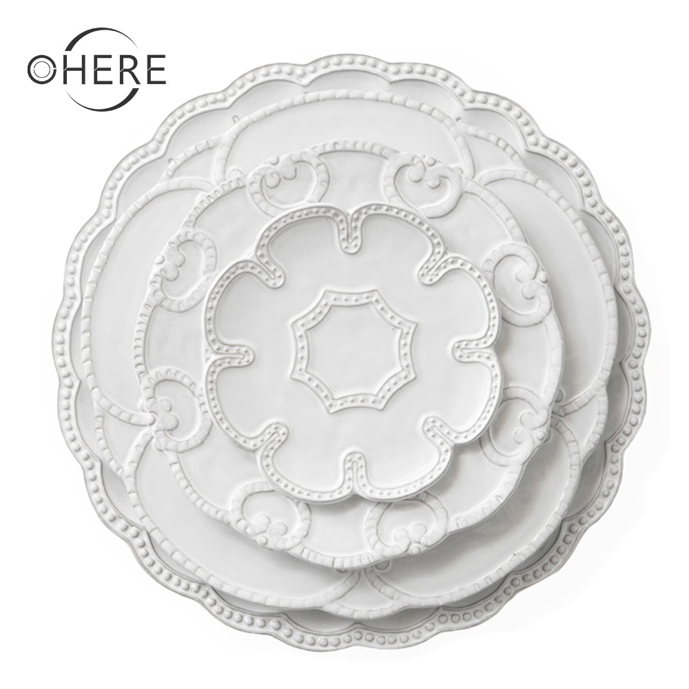 Ohere high quality pink flower relief ceramic dinner plates sets porcelain dinnerware for wedding decoration