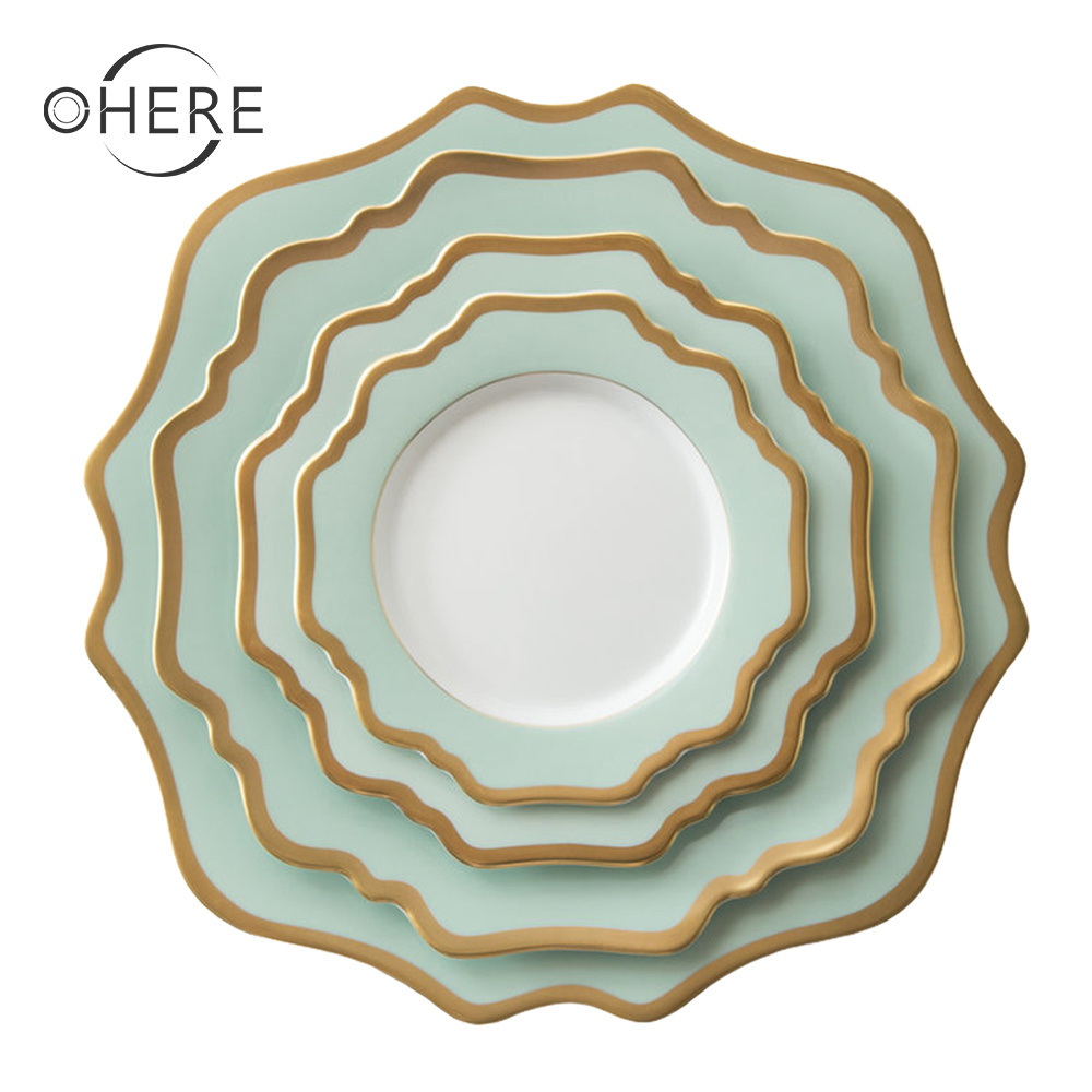 Ohere classic sunflower plate mint green tableware charger plates porcelain dinnerware set ceramic plates for wedding and rental