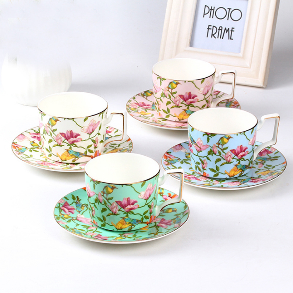 Ohere European style floral decorative Coffee & Tea Sets with gold line rim made of fine bone china drinkware porcelain bird mug