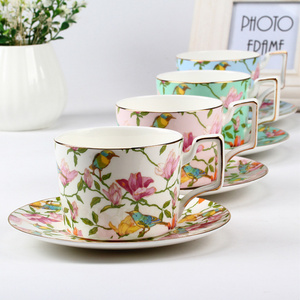 Ohere European style floral decorative Coffee & Tea Sets with gold line rim made of fine bone china drinkware porcelain bird mug