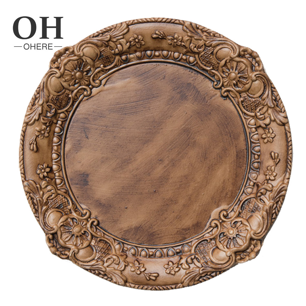 Antique style Wooden relief charger plates hand-carve pattern dinner set for wedding banquet  party