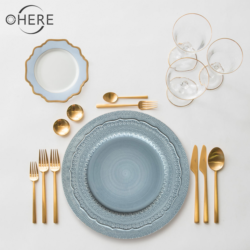 Ohere New Design Cheap catering dinner plates 13 inch blue  lace wedding charger plates wholesale With Best Price Sale