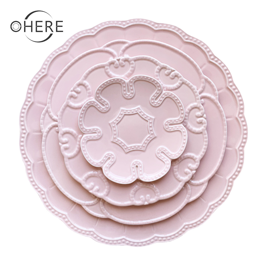 Ohere high quality pink flower relief ceramic dinner plates sets porcelain dinnerware for wedding decoration