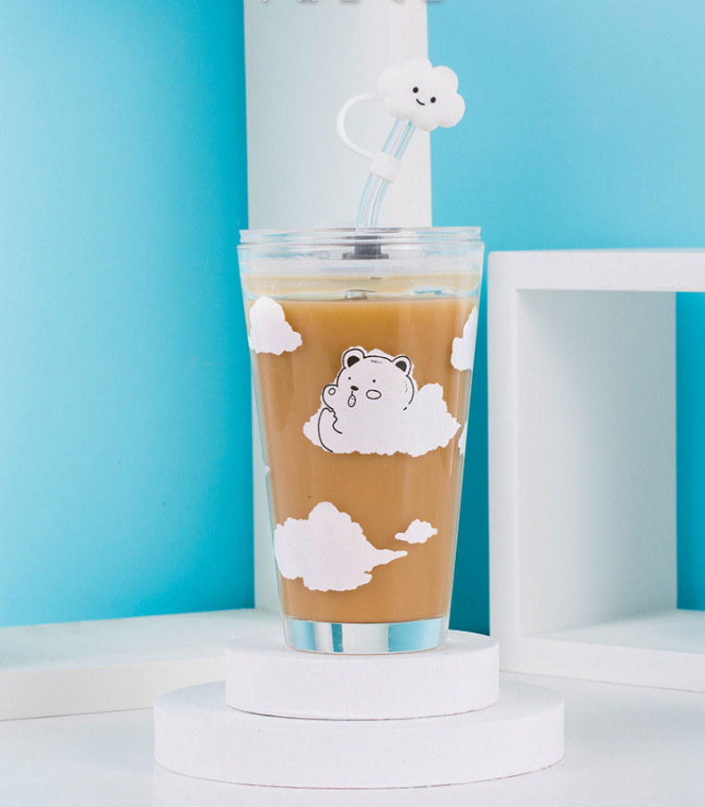 Summer simple large-capacity cute cloud bear glass straw student cup