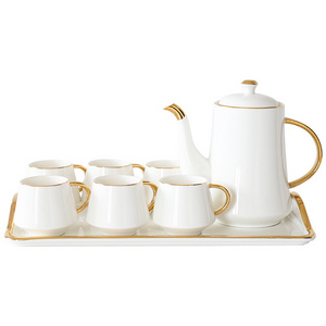 Elegant coffee ware 8 pieces porcelain coffee 6 cups tea pot gold handle ceramic tea set