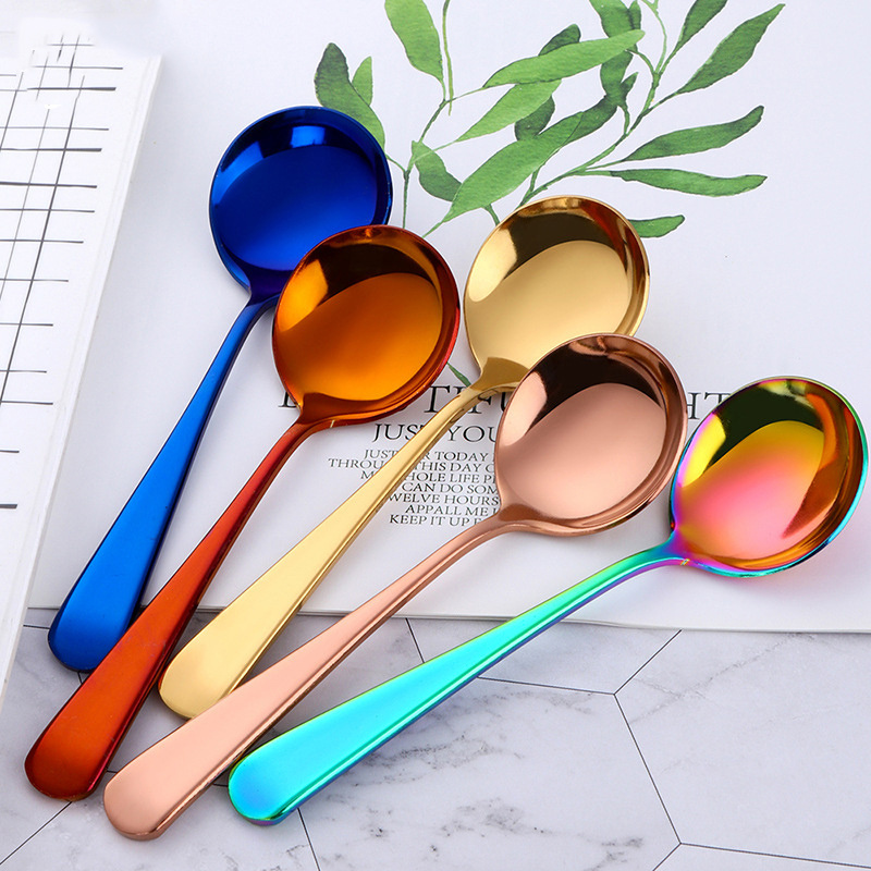 20224 New Multicolor Stainless Steel Dinner Serving Spoons Round Soup Bouillon Spoons