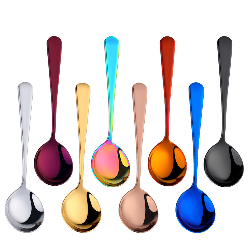 20224 New Multicolor Stainless Steel Dinner Serving Spoons Round Soup Bouillon Spoons