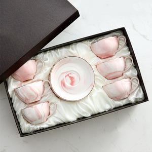 Pink Ceramic Tea Cup Set Marble Design Cups and Saucers