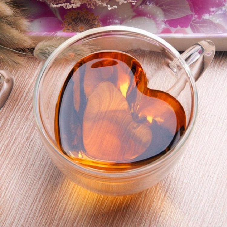 Heat Resistant Heart Shape Double Wall Clear Glass Coffee Cup With Handle