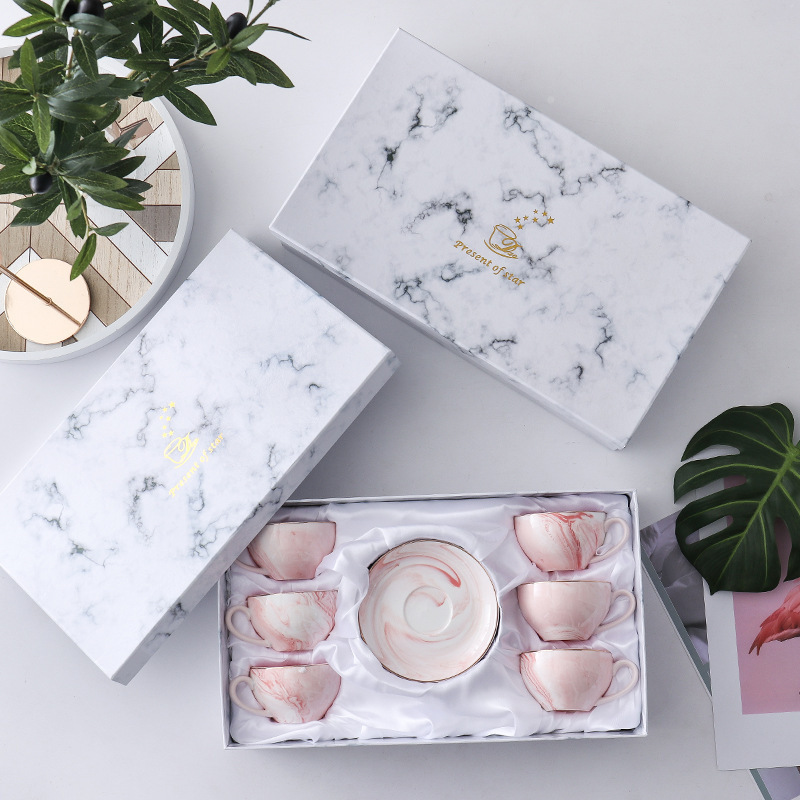 Pink Ceramic Tea Cup Set Marble Design Cups and Saucers