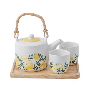 Porcelain tea cup set lemon design ceramic tea pot with strainer