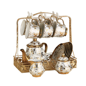 16 Piece European Retro Tea Set With Metal Holder Porcelain Tea Cups Set