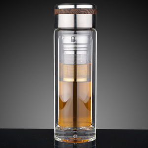 Double Wall Wood Color eco friendly  Tea filter Glass Water Bottle with tea infuser