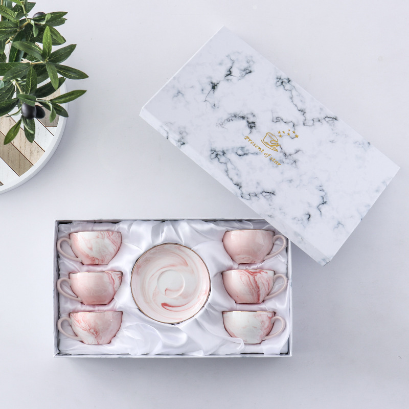 Pink Ceramic Tea Cup Set Marble Design Cups and Saucers