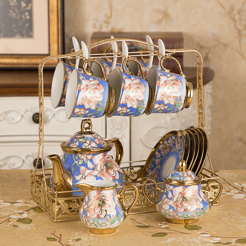 16 Piece European Retro Tea Set With Metal Holder Porcelain Tea Cups Set