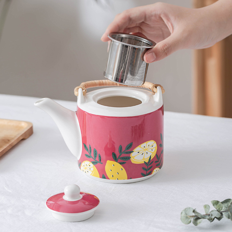 Porcelain tea cup set lemon design ceramic tea pot with strainer