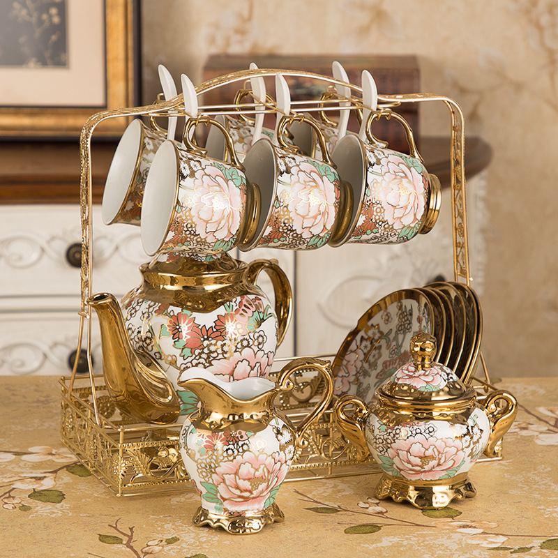 16 Piece European Retro Tea Set With Metal Holder Porcelain Tea Cups Set