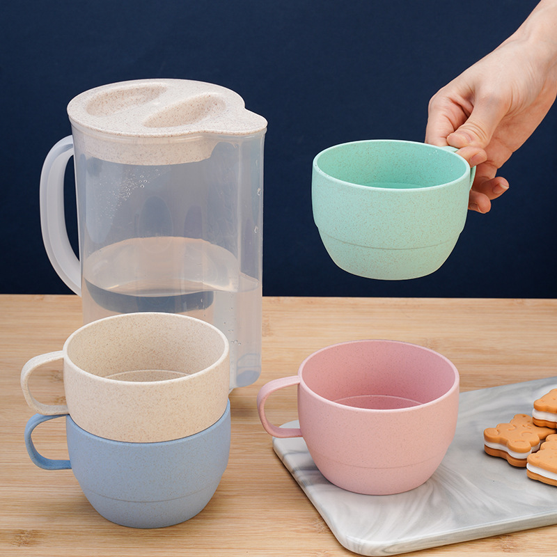 Wheat Straw Drinking Cup Set Bio Degradable Reusable Unbreakable  Cold Kettle Cup Set Picnic Water Pitcher Sharing Mug Set