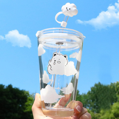 Summer simple large-capacity cute cloud bear glass straw student cup