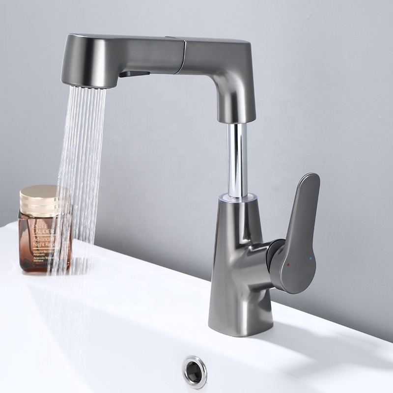 Bathroom Copper Water Tap Modern Pull Out Sprayers Basin Faucets Mixers Hot Cold Brushed Gray Faucet