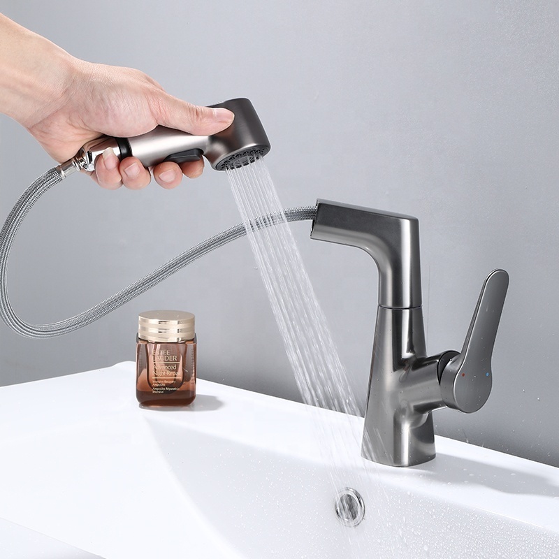 Bathroom Copper Water Tap Modern Pull Out Sprayers Basin Faucets Mixers Hot Cold Brushed Gray Faucet