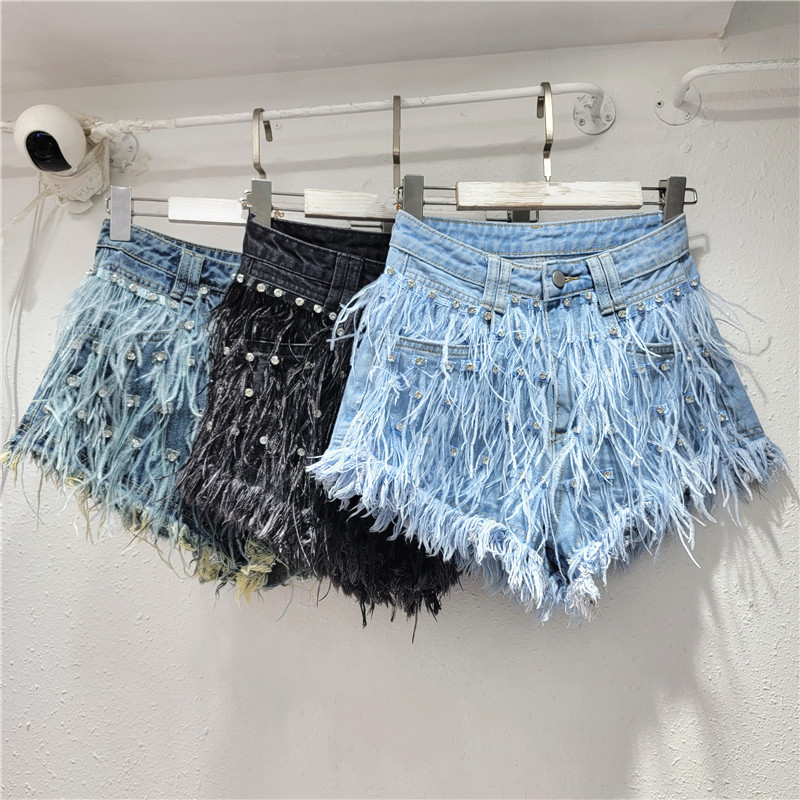 2024 High Quality Diamond Ostrich Feather Luxury Short Pants Fashion Designer Tassels Ladies Short Jeans