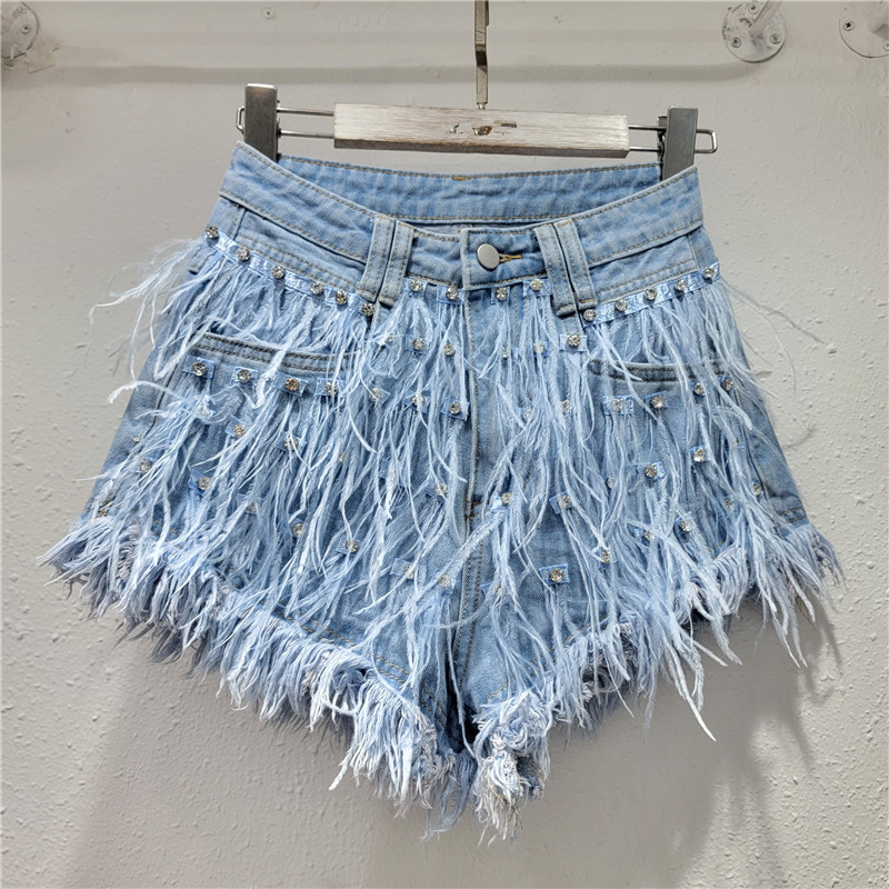 2024 High Quality Diamond Ostrich Feather Luxury Short Pants Fashion Designer Tassels Ladies Short Jeans