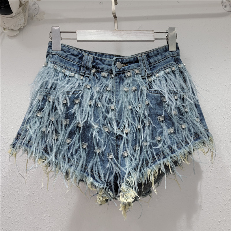 2024 High Quality Diamond Ostrich Feather Luxury Short Pants Fashion Designer Tassels Ladies Short Jeans